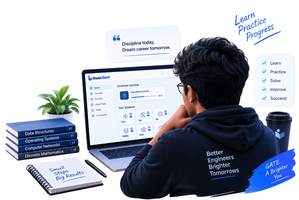 Learner studying with INVOCLIENT dashboard showing Continue Learning and subjects